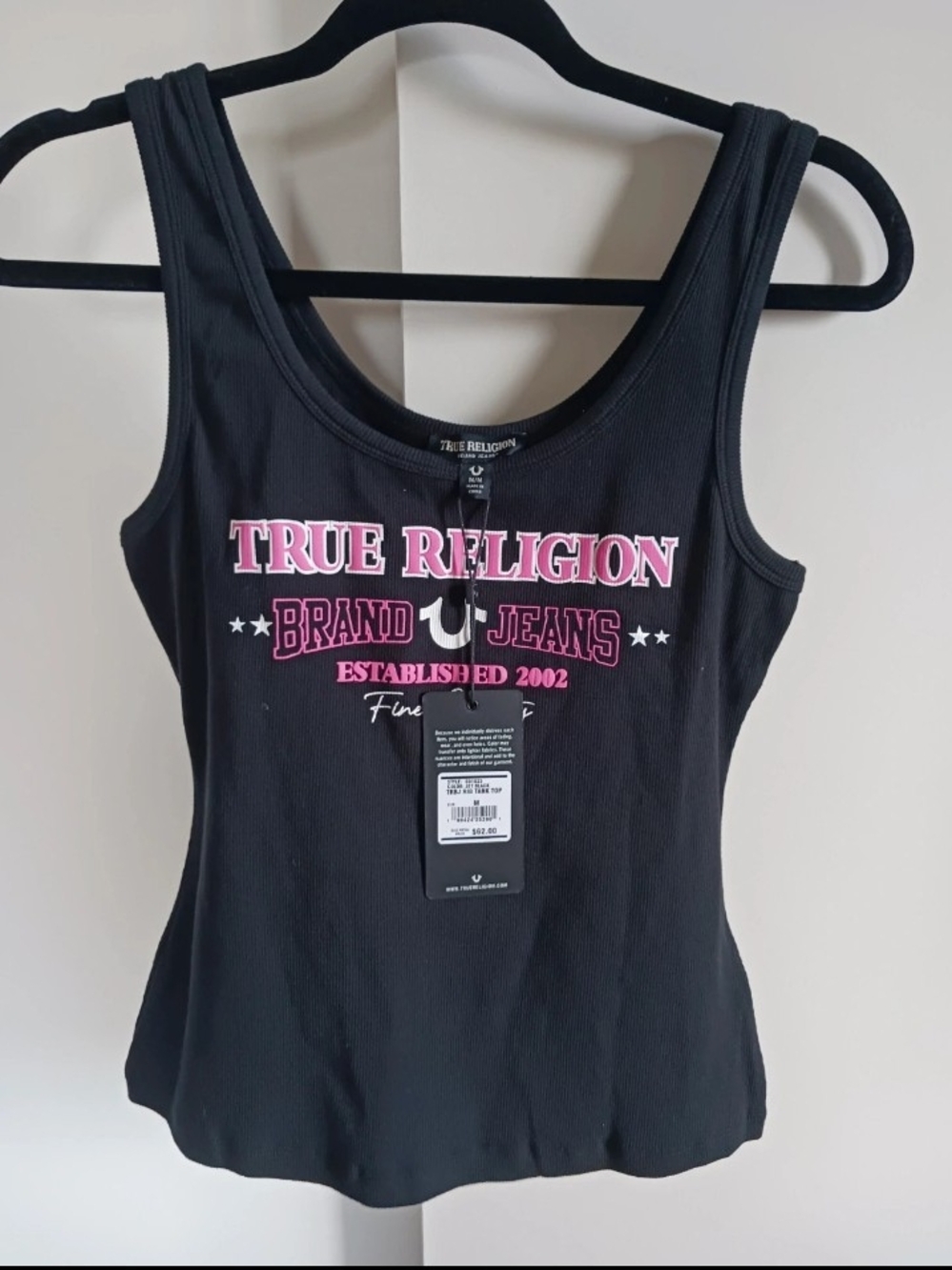 True Religion Black Tank Top with Pink Logo Print